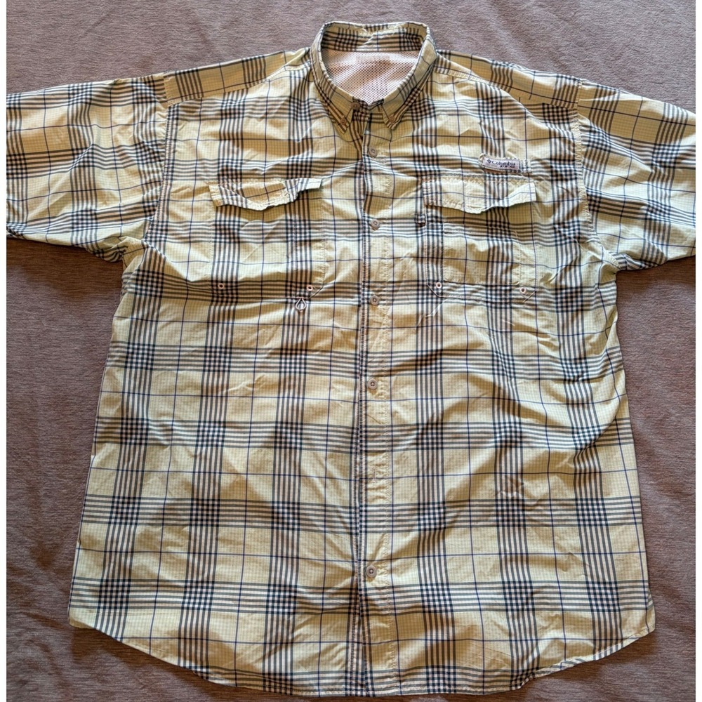 Columbia PFG Tamiami II Plaid Fishing Shirt Mens Green Blue Short Sleeve XM7792